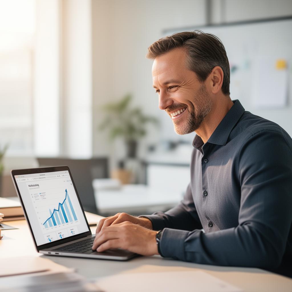 Unternehmer sieht im Laptop steigende Marketing-Ergebnisse